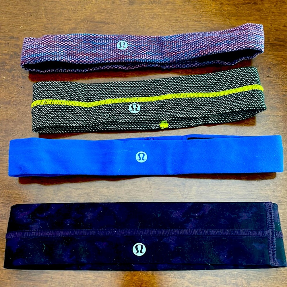 Lululemon 4 headbands, purple, yellow & black, blue, purple & black